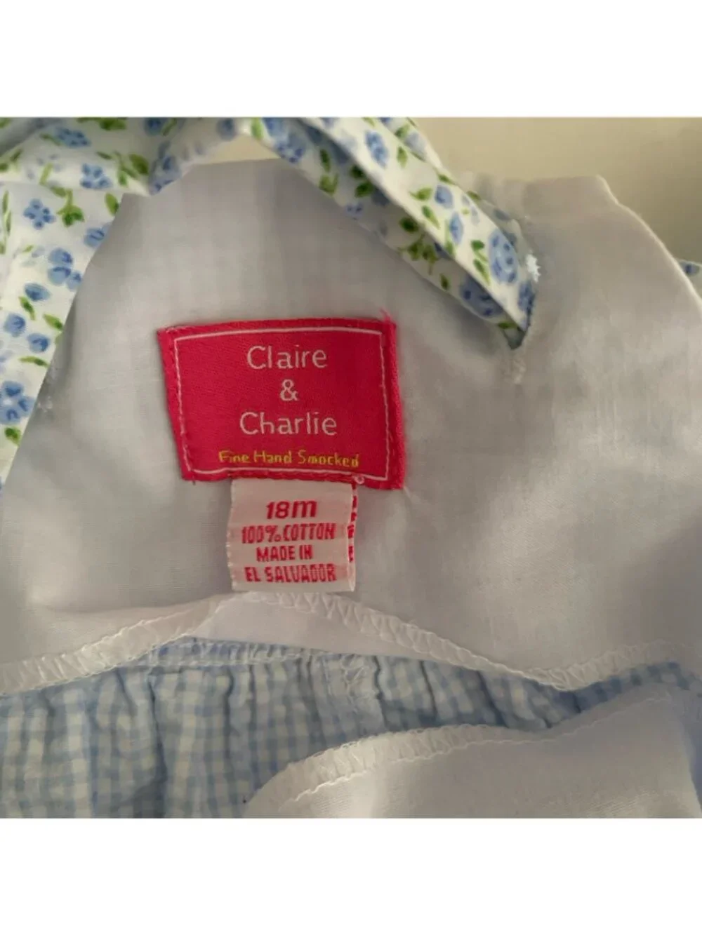 Claire & Charlie Fine Hand Smocked Girls 18M Blue Gingham Floral Bubble Romper
